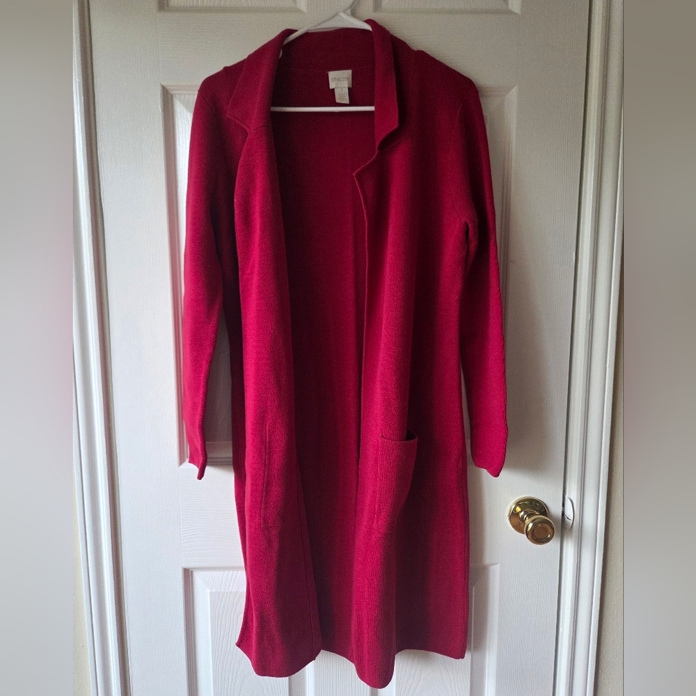 Chico's Long Open-Front Cardigan in Raspberry